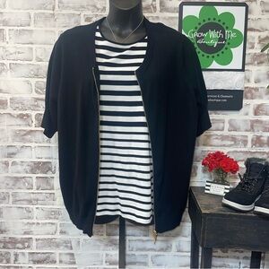 Lauren Black Short Sleeve Cardigan with Striped Top 2X